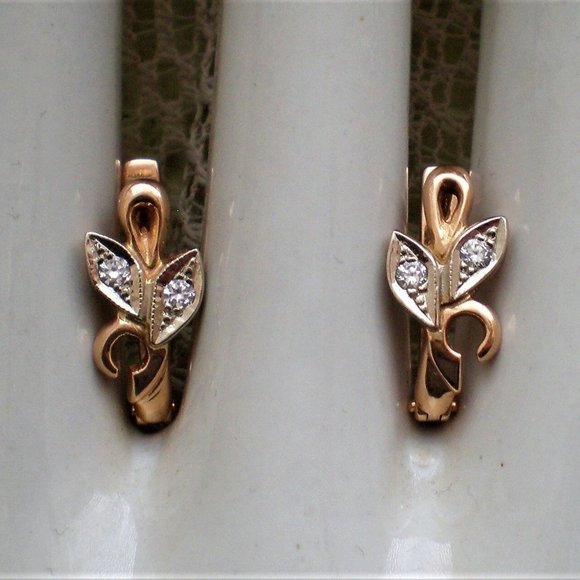 Vintage Russian USSR 14K 585 Rose Pink White Gold CZ Cluster Leaf EARRINGS - Picture 5 of 7